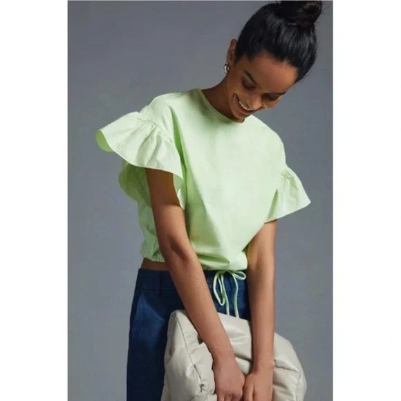 Anthropologie Maeve Top Size XS English Factory Ruffled Drop Shoulder Lime - Picture 1 of 13